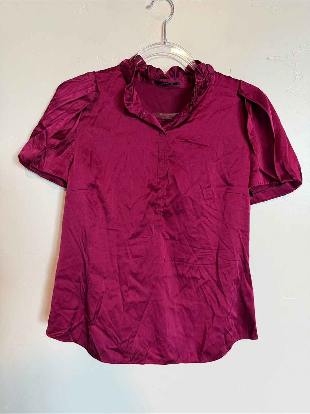 Elie Tahari Silk Burgundy Ruffled Collar Short Sleeve Blouse